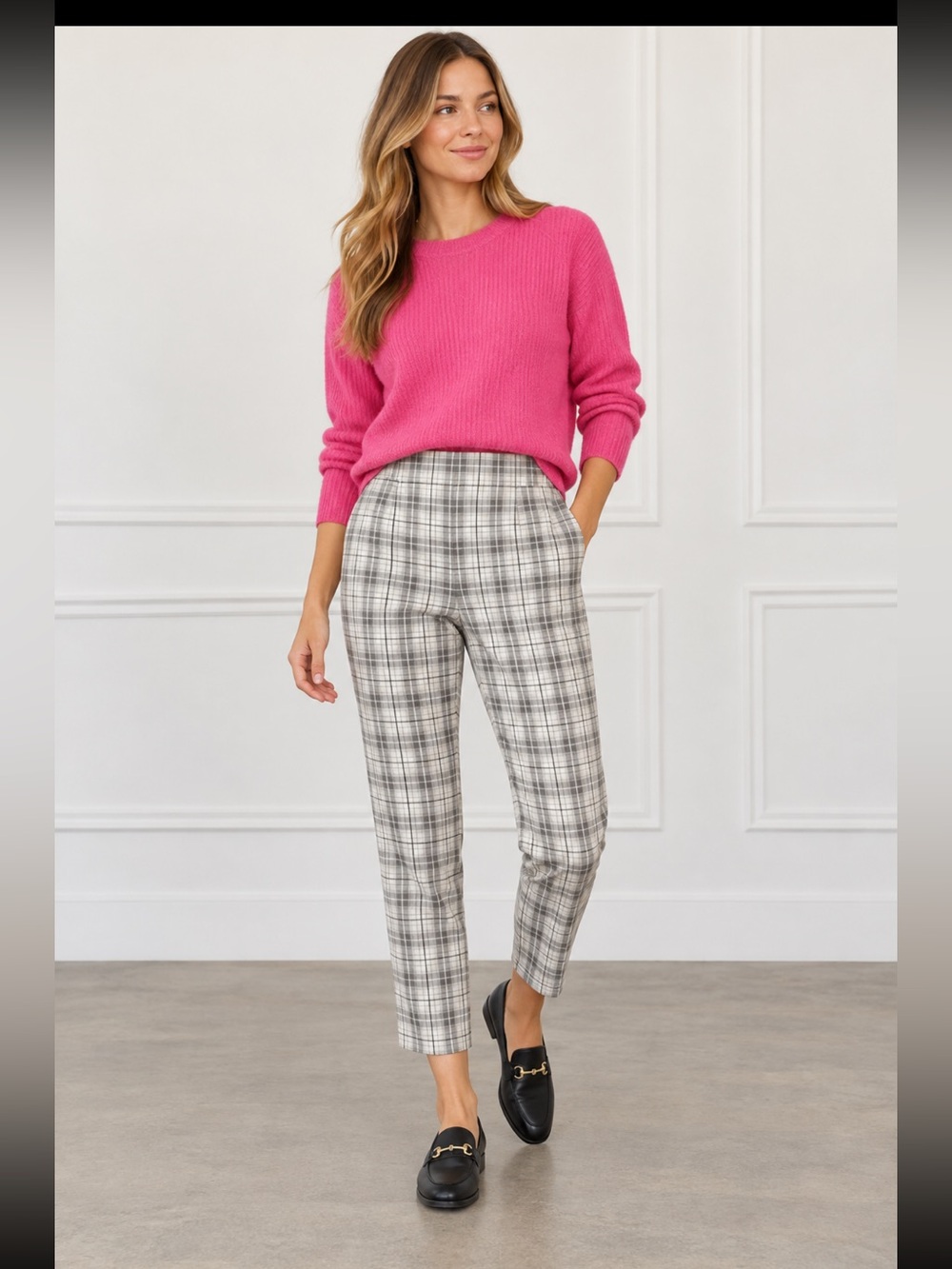 Wilfred Aritzia Plaid Ankle Trousers Size 6 Cream Gray Pull-On Pants
